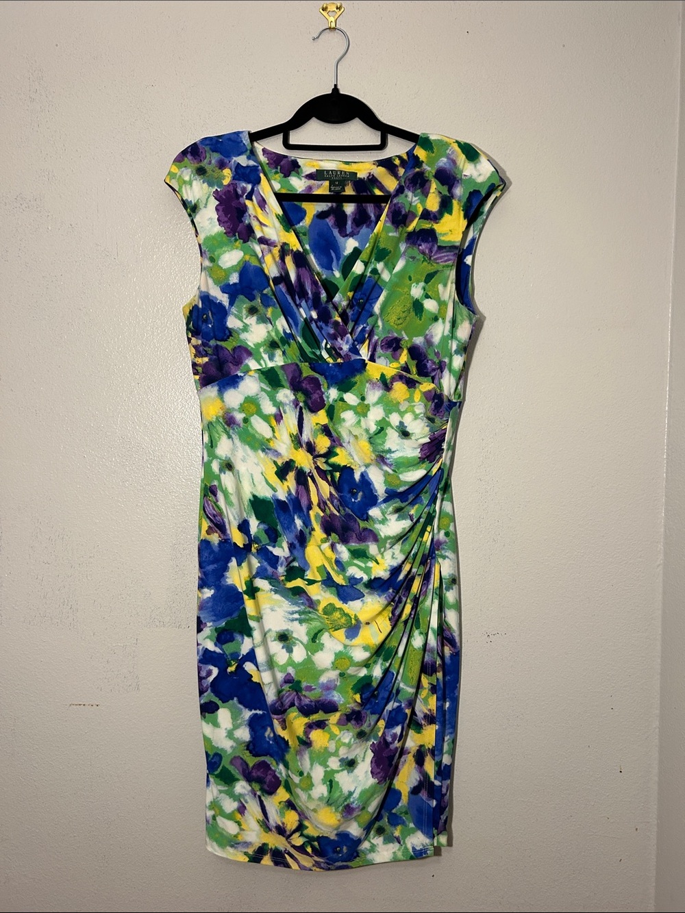 Lauren Ralph Lauren Blue Green Yellow Purple Floral Wrap Sheath Dress